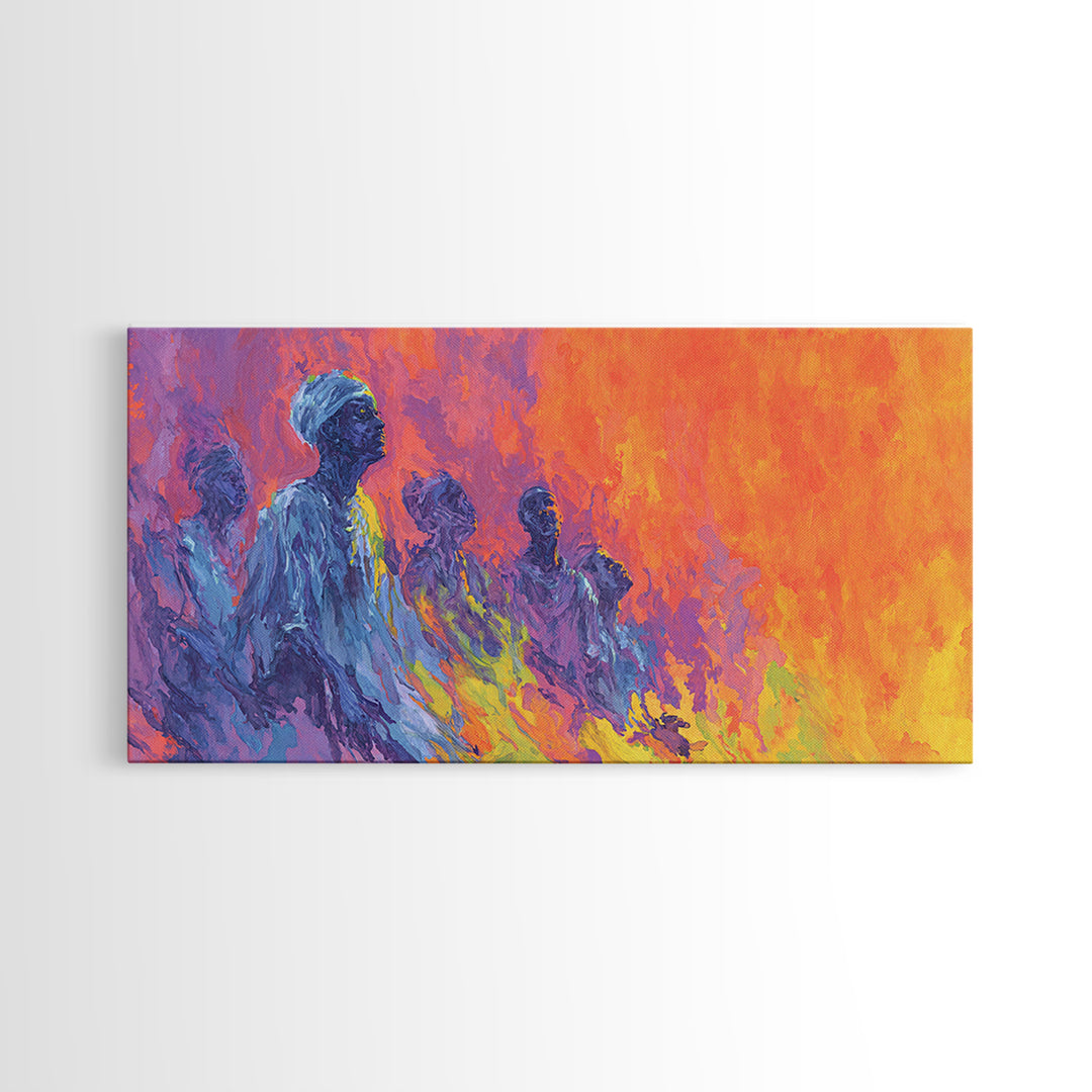 Blue Ancestral Figures By Fire Wall Art, Abstract African Art, Spiritual Cultural Painting, Orange And Purple Decor Gift