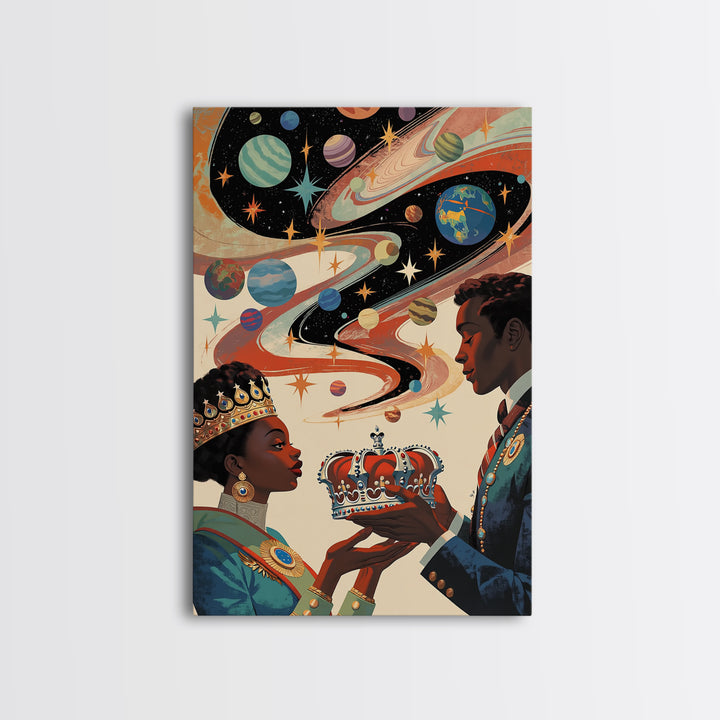 Afrofuturist Royal Couple Wall Art, Cosmic African Queen And King Canvas Print, Black Love Decor, Planets Crown Home Gift