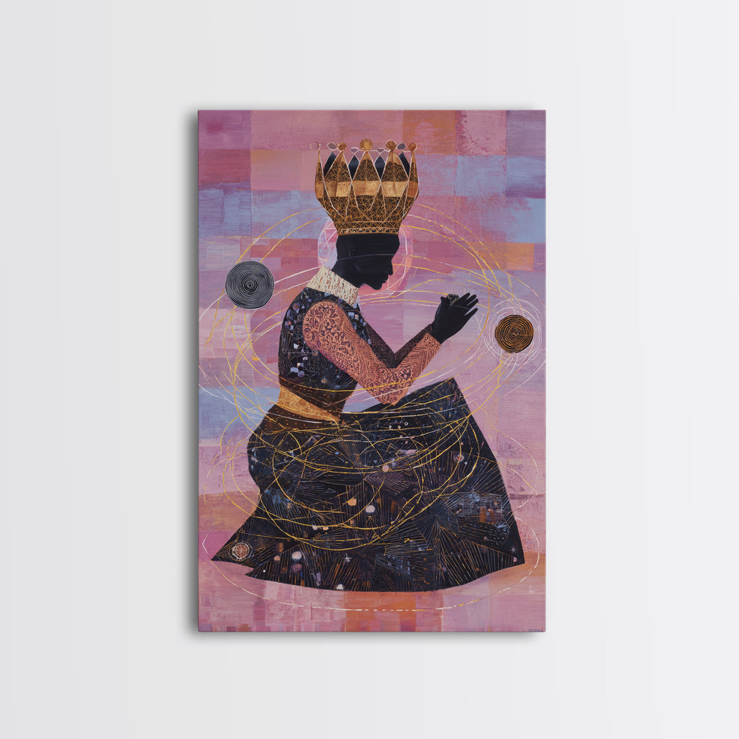 Seated African Queen Silhouette Canvas Print, Pink Cosmic Wall Art, Black Woman Art Home Decor, Feminine Afrocentric Gift