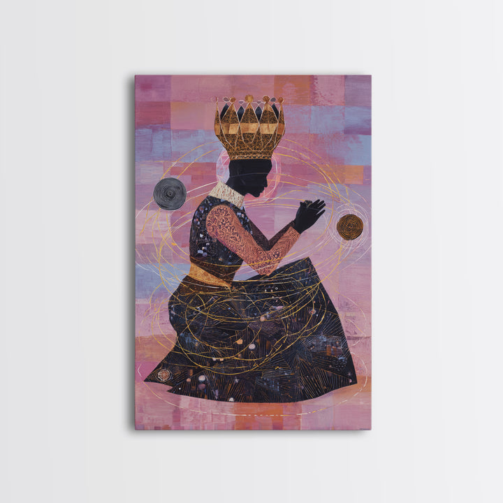 Seated African Queen Silhouette Canvas Print, Pink Cosmic Wall Art, Black Woman Art Home Decor, Feminine Afrocentric Gift