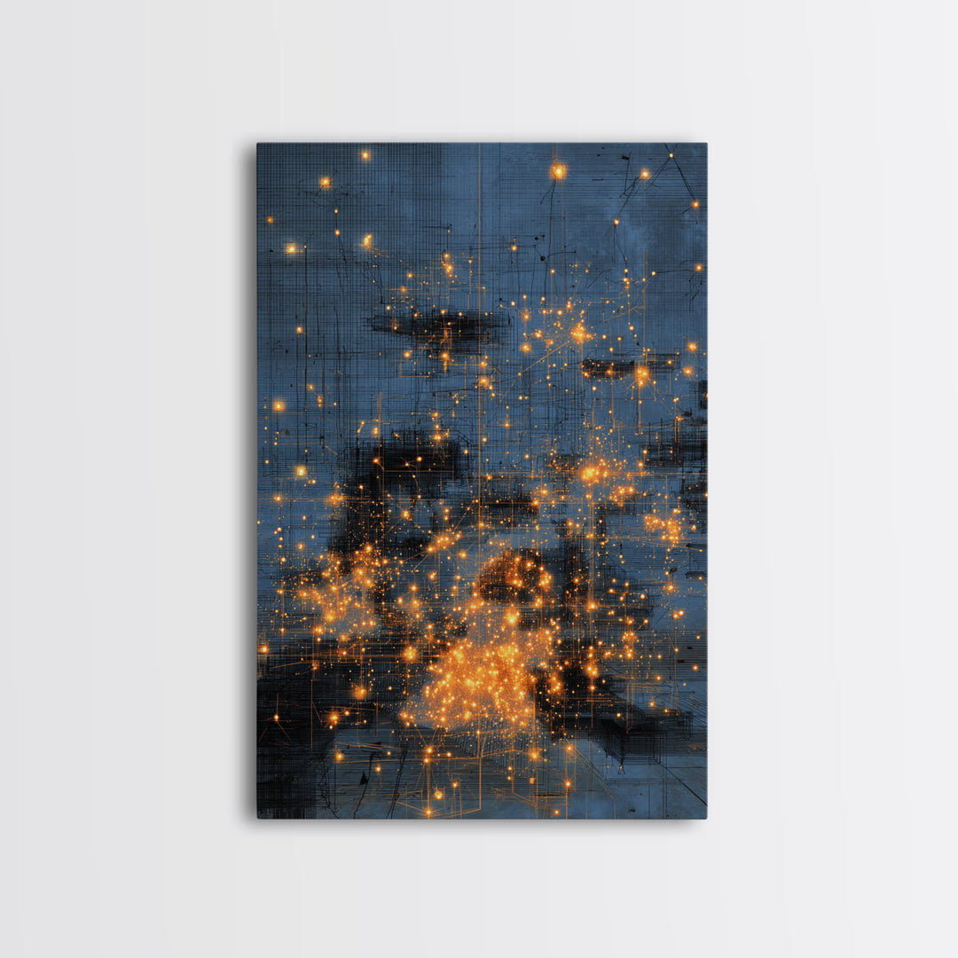 Blue Abstract City Lights Wall Art, Gold Spark Modern Canvas Print, Urban Office Decor, Dreamy Digital Art Luxury Home Gift