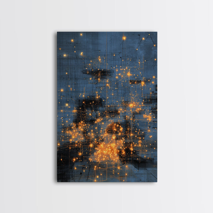 Blue Abstract City Lights Wall Art, Gold Spark Modern Canvas Print, Urban Office Decor, Dreamy Digital Art Luxury Home Gift