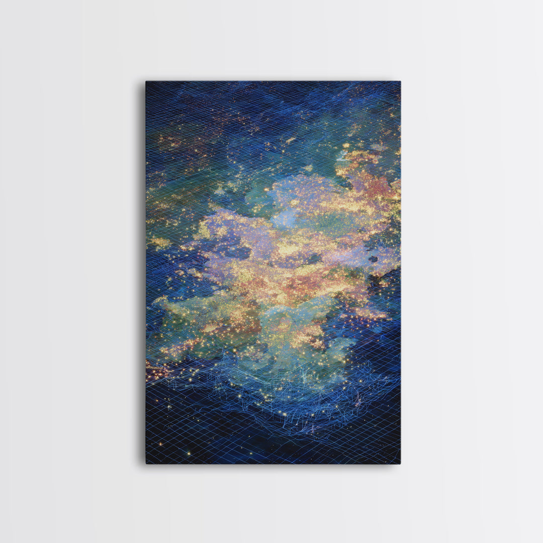 Celestial Ocean Abstract Wall Art, Blue Gold Starry Canvas Print, Dreamy Nature Scene Art, Modern Luxury Home Decor Gift