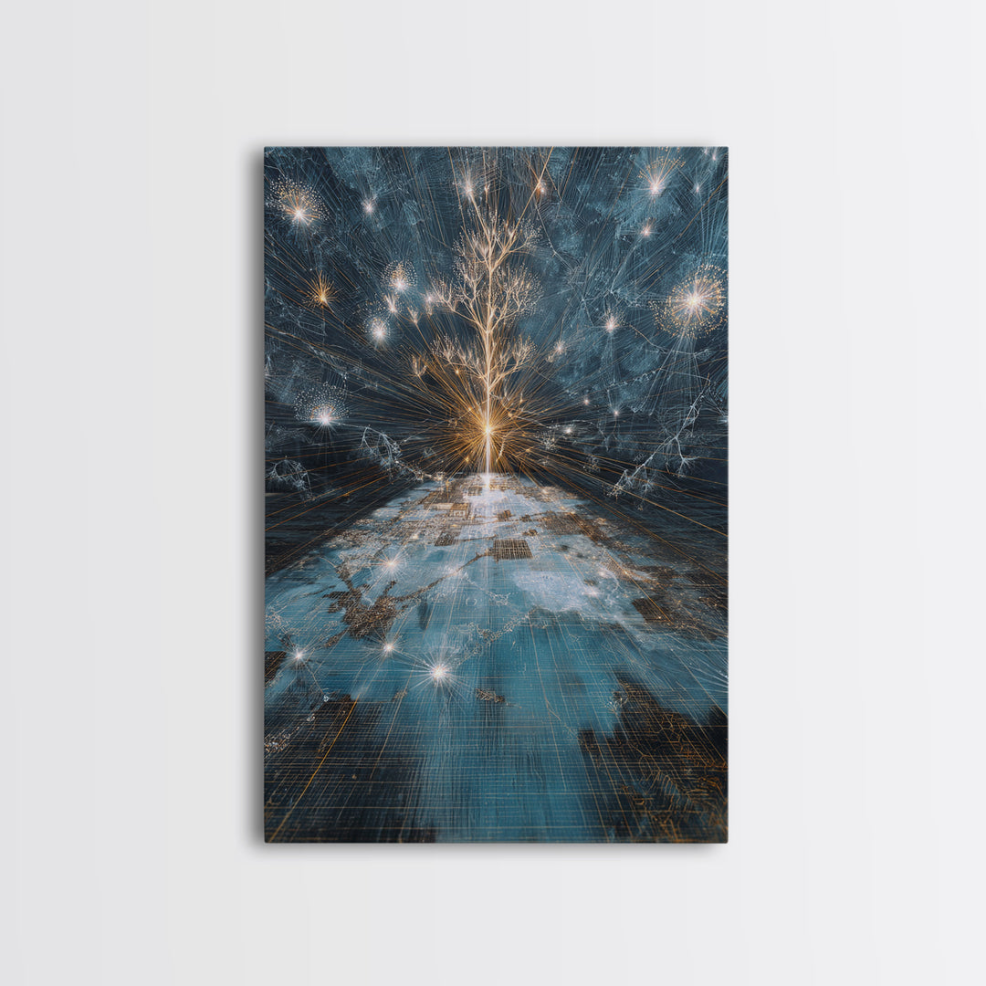 Glowing White Tree Canvas Print, Blue Celestial Wall Art, Spiritual Nature Scene Art, Modern Office Decor, Unique Home Gift