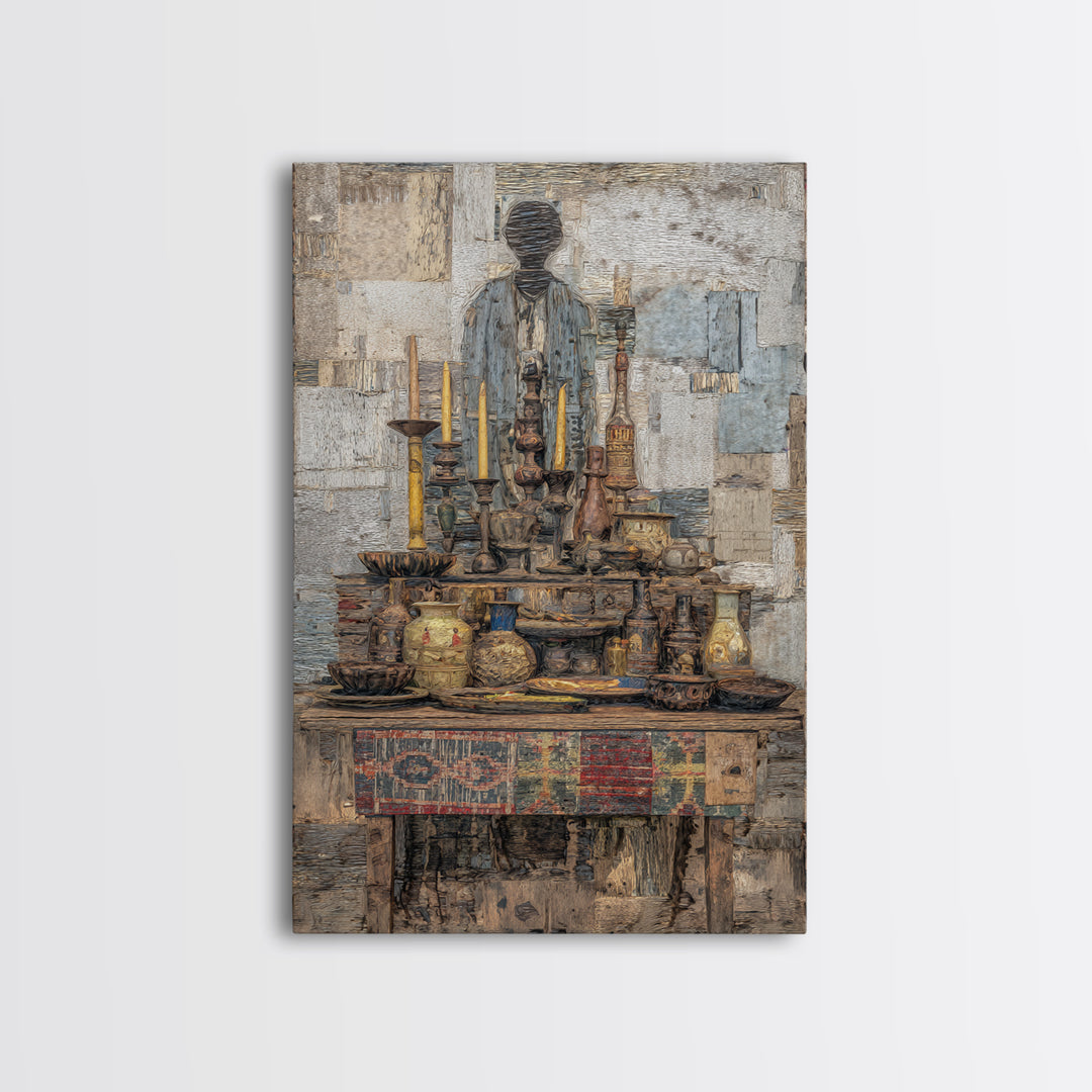 Textured Ancestral Altar With Candles Framed Canvas Print, African Art Decor, Spiritual Wall Art, Ethnic Home Decor Gift