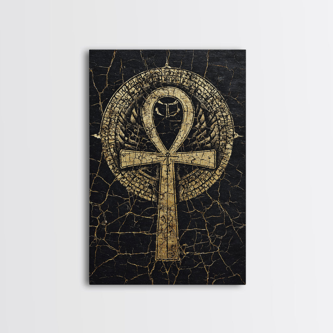 Gold Ankh Symbol On Cracked Black Framed Canvas Print, African Egyptian Art, Spiritual Wall Art, Black And Gold Design Gift
