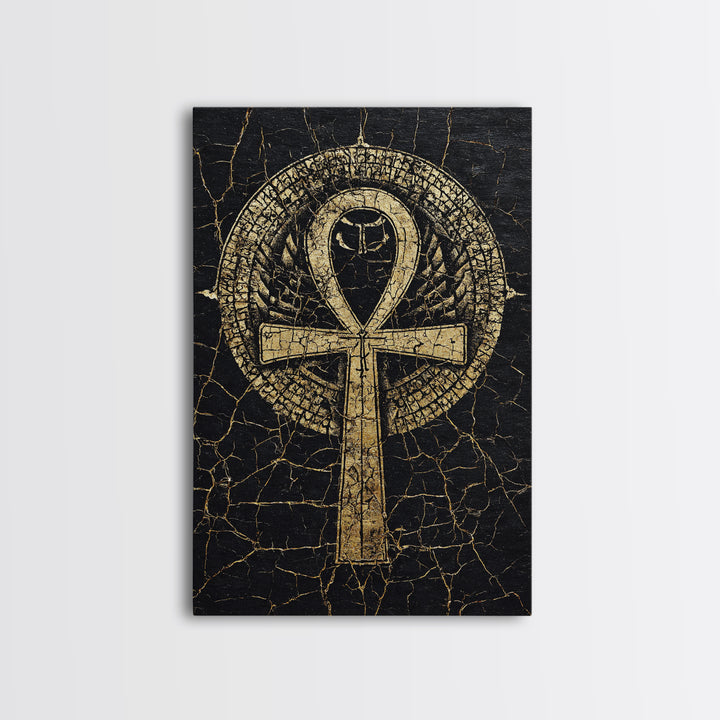 Gold Ankh Symbol On Cracked Black Framed Canvas Print, African Egyptian Art, Spiritual Wall Art, Black And Gold Design Gift