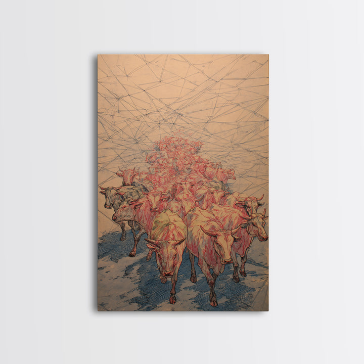 Red Line Cattle Herd Migration Canvas Print, African Animal Art, Rustic Farmhouse Decor, Cultural Wall Art Gift For Living Room
