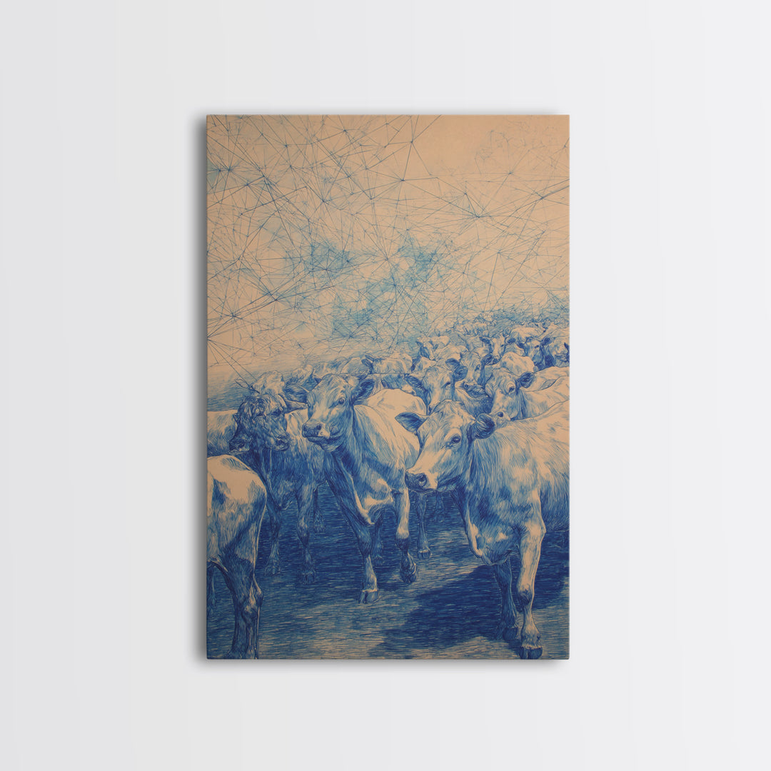 Blue Cattle Herd Network Sketch Wall Art, African Animal Art, Safari Art, Rustic Home Decor, Unique Canvas Gift For Office Decor