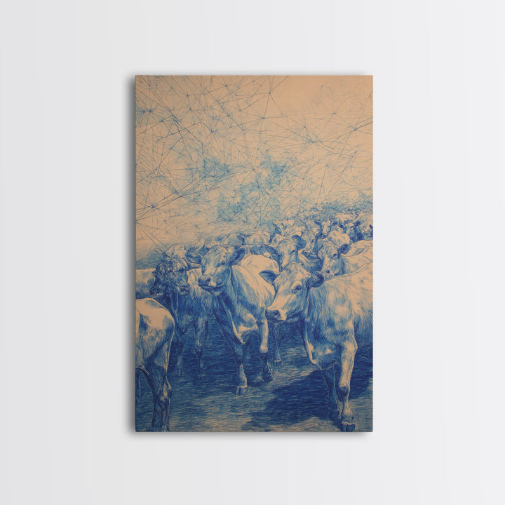 Blue Cattle Herd Network Sketch Wall Art, African Animal Art, Safari Art, Rustic Home Decor, Unique Canvas Gift For Office Decor