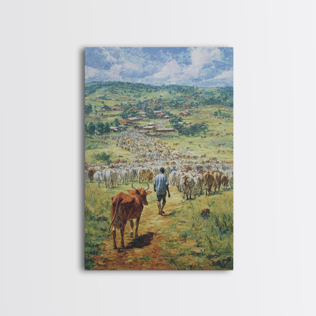 Pastoral Cattle Drive To Village Landscape Wall Art, African Landscape, Safari Decor, Farmhouse Home Decor Gift For Living Room
