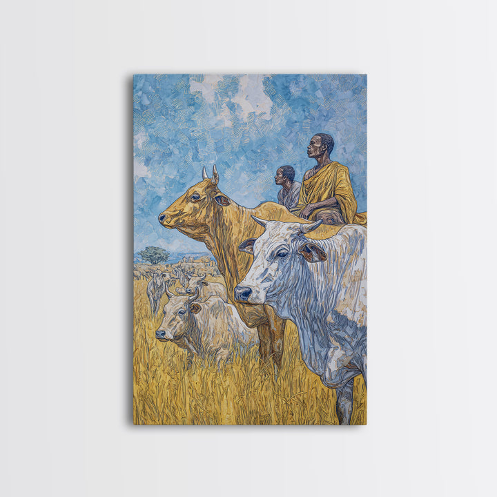 Pastoral African Cattle Herders In Golden Grass Wall Art, Afrocentric Safari Decor, African Landscape Print, Cultural Home Decor