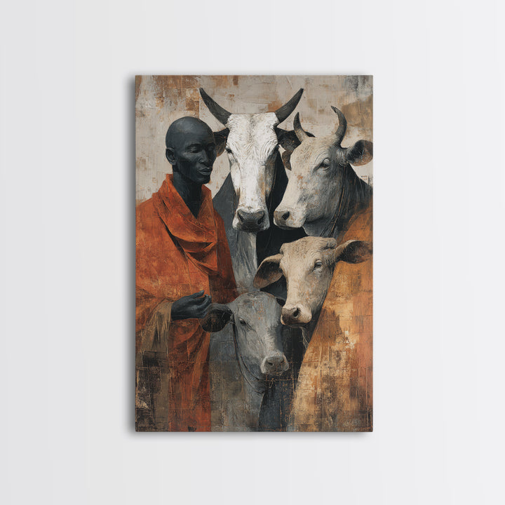 Maasai Herder With White Cattle Framed Canvas Print, African Portrait Wall Decor, Rustic Safari Art, Afrocentric Home Decor