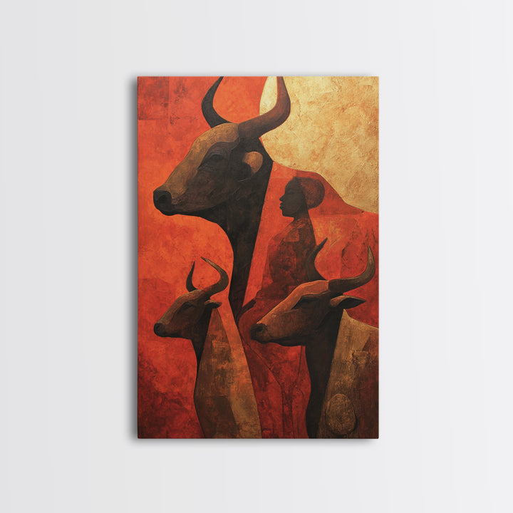 Ochre African Woman With Longhorn Cattle Canvas Print, Tribal Wall Decor, Modern African Art, Burnt Orange Safari Home Decor