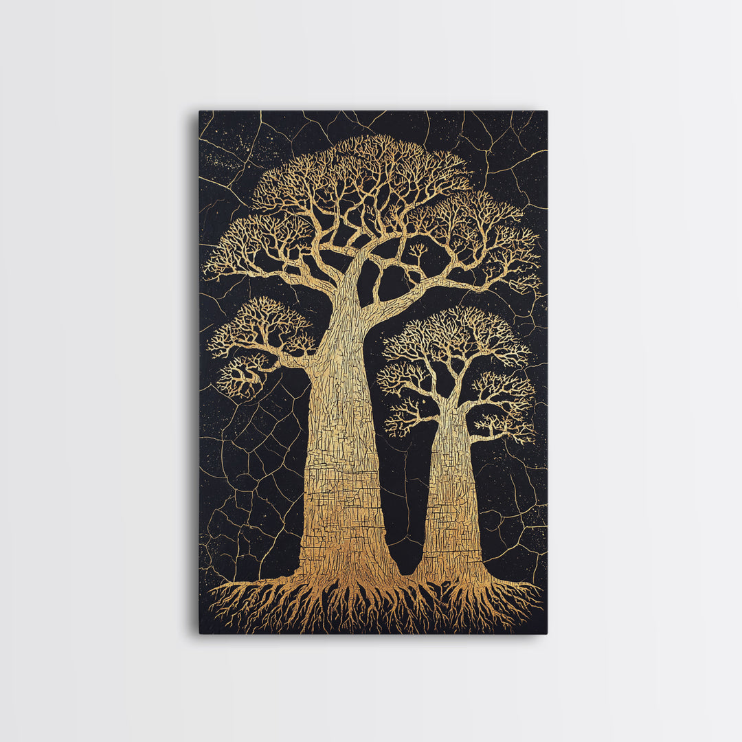 Golden Baobab Trees On Black Cracked Ground Wall Art, African Landscape Print, Botanical Safari Decor, Earth Tone Home Decor