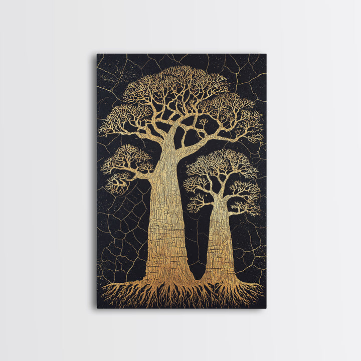 Golden Baobab Trees On Black Cracked Ground Wall Art, African Landscape Print, Botanical Safari Decor, Earth Tone Home Decor