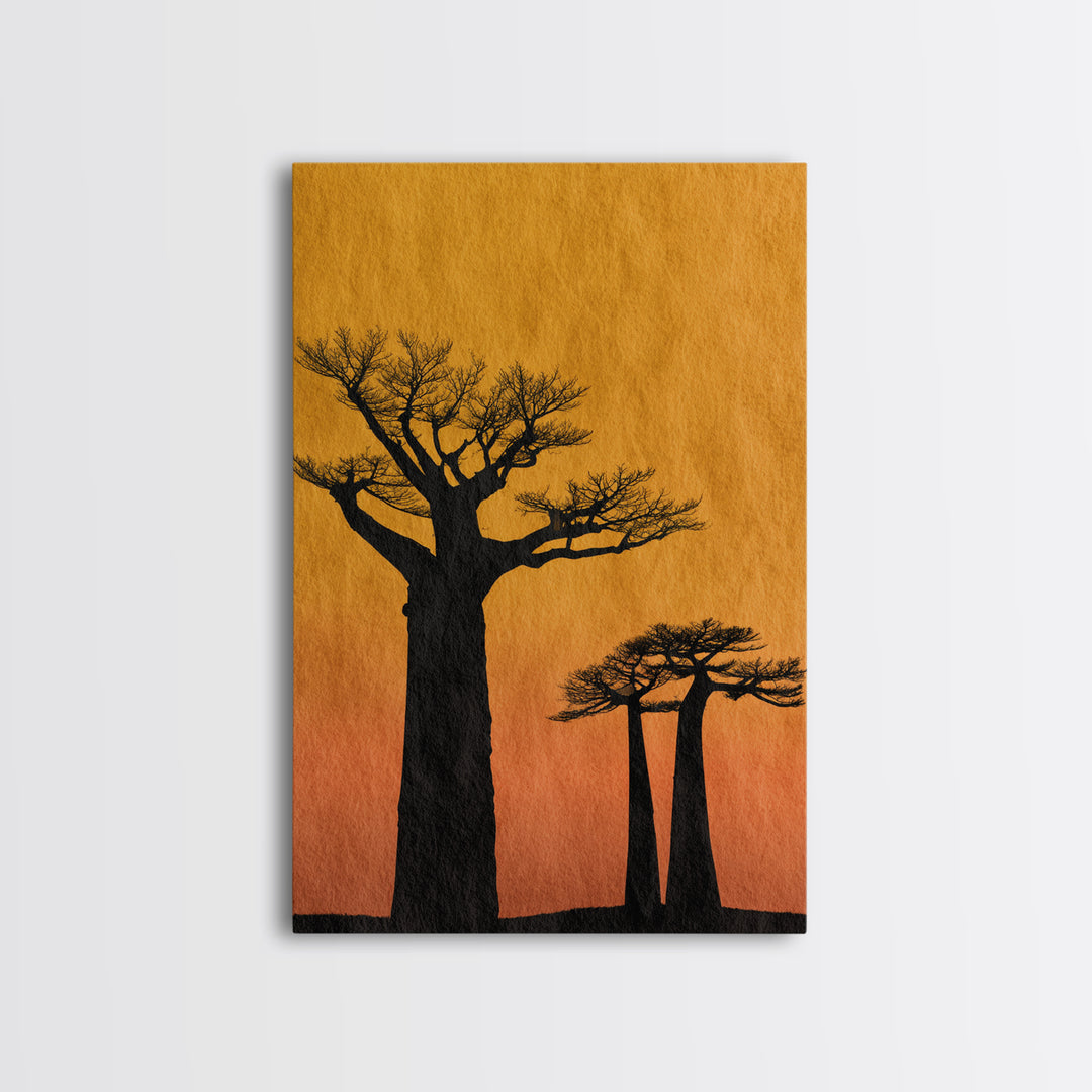 Black Baobab Silhouettes At Orange Sunset Canvas Print, African Tree Wall Decor, Minimalist Safari Art, Warm Boho Home Decor