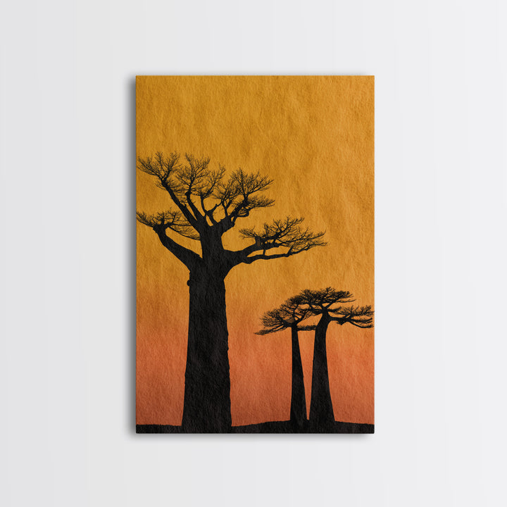Black Baobab Silhouettes At Orange Sunset Canvas Print, African Tree Wall Decor, Minimalist Safari Art, Warm Boho Home Decor