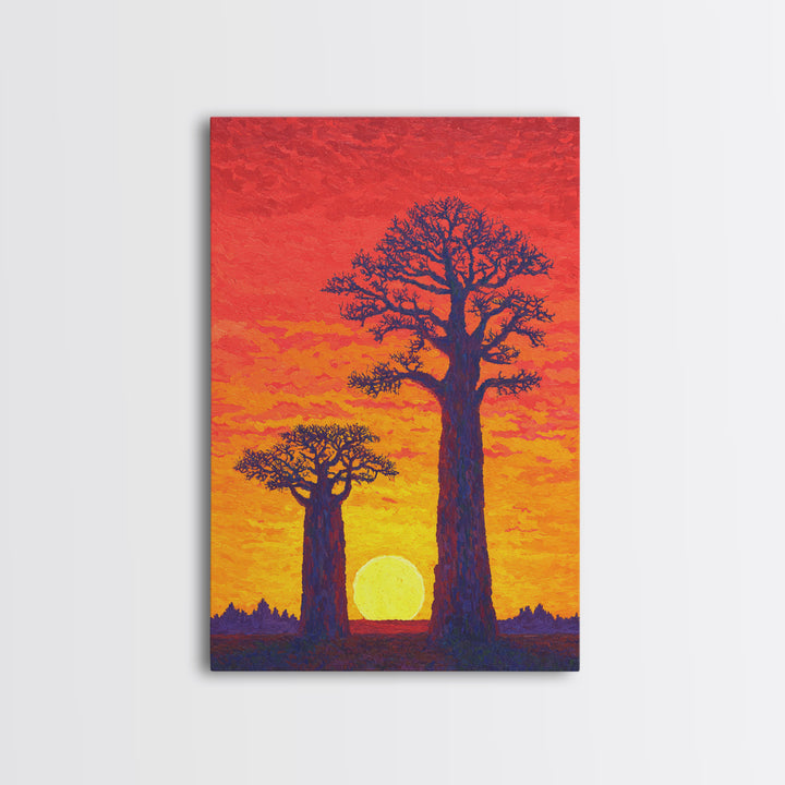 Vivid Baobab Sunset With Glowing Sun Wall Art, African Landscape Print, Colorful Safari Decor, Large Living Room Canvas Print