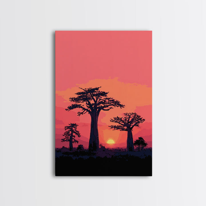Pink Sunset Baobab Grove Silhouette Canvas Print, Madagascar Wall Art Decor, African Landscape Poster, Modern Safari Home Decor