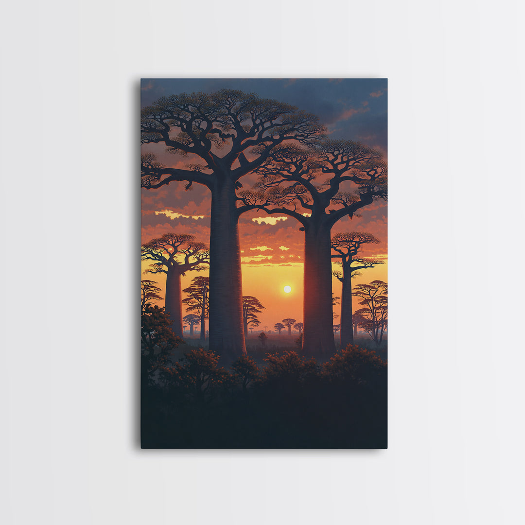 Dramatic Baobab Forest At Dusk Framed Canvas Print, African Safari Wall Decor, Serengeti Landscape Art, Nature Scene Decor