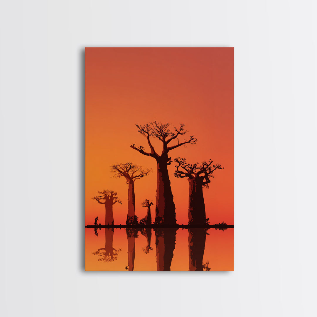 Orange Baobab Reflections At Sunset Wall Art, African Landscape Print, Minimalist Safari Decor, Warm Statement Home Decor