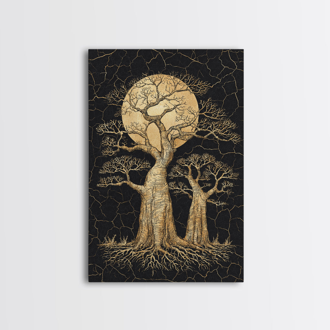 Golden Baobab Moon Tree Wall Art, African Landscape, Black And Gold Decor, Motherland Nature Canvas, Boho Safari Gift, Statement Piece