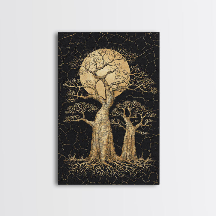 Golden Baobab Moon Tree Wall Art, African Landscape, Black And Gold Decor, Motherland Nature Canvas, Boho Safari Gift, Statement Piece