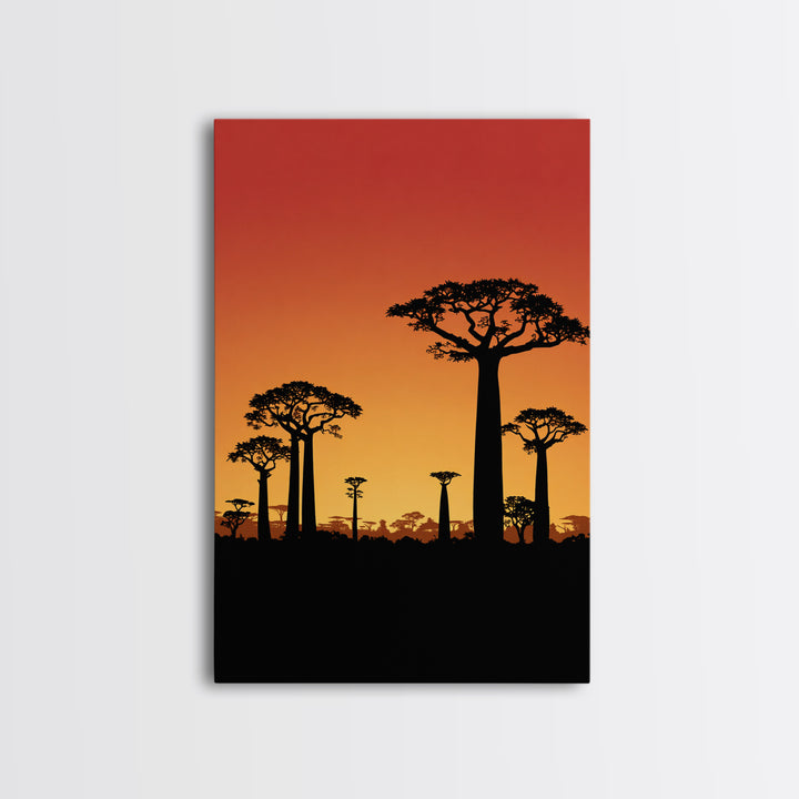 Sunset Baobab Grove Canvas Print, African Safari Landscape, Orange Sky Wall Decor, Madagascar Nature Art, Boho Home Gift