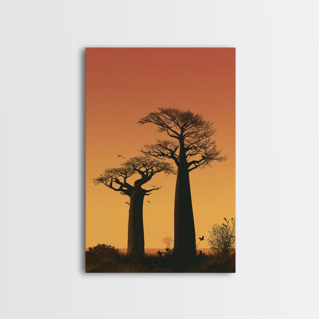 Two Tall Baobab Trees Wall Art, African Sunset Landscape, Madagascar Travel Poster, Orange Safari Decor, Nature Canvas Gift