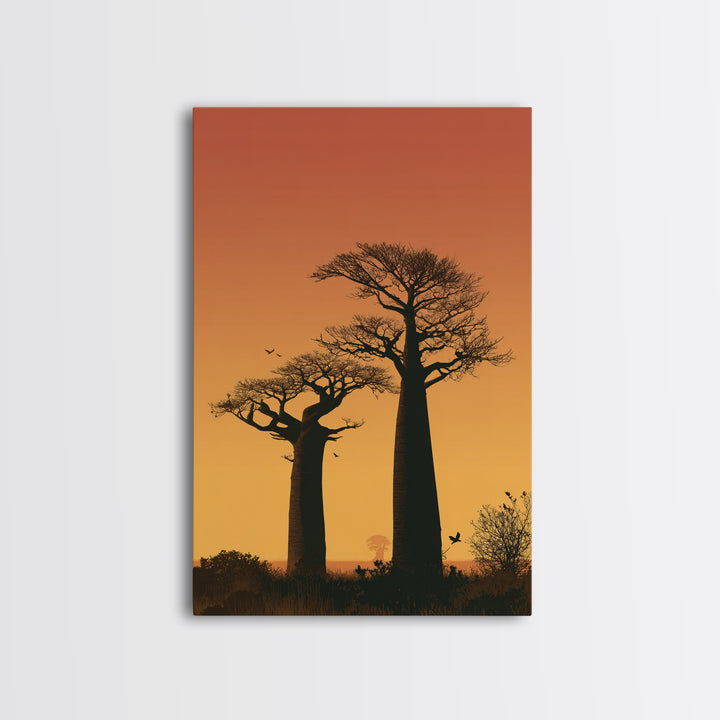 Two Tall Baobab Trees Wall Art, African Sunset Landscape, Madagascar Travel Poster, Orange Safari Decor, Nature Canvas Gift