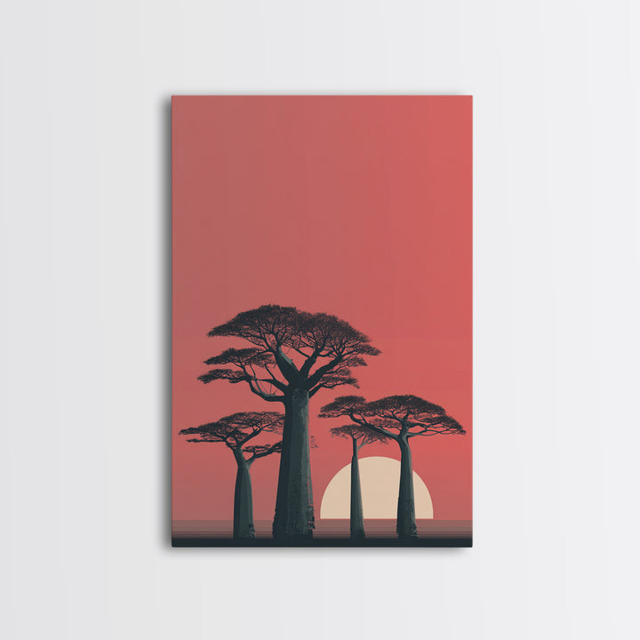 Minimalist Pink Baobab Sunset Canvas Print, African Landscape Wall Decor, Modern Safari Poster, Boho Bedroom Art Gift For Her