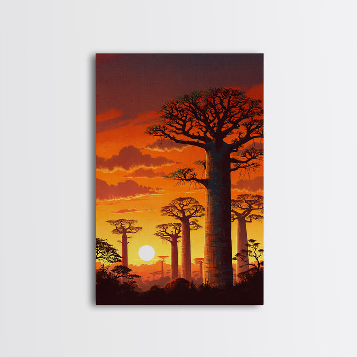 Fiery Baobab Forest Sunset Wall Art, African Safari Landscape, Orange Nature Decor, Madagascar Canvas Print, Gift For Him