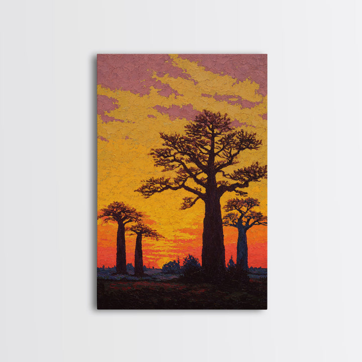 Textured Baobab Sunset Wall Art, African Landscape Painting, Orange Impasto Canvas Print, Safari Decor, Unique Home Gift