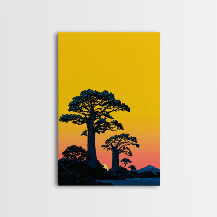 Yellow Sky Baobab Silhouette Canvas Print, African Landscape Wall Decor, Madagascar Sunset Poster, Bold Safari Art Gift Idea