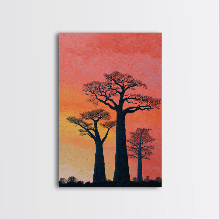 Coral Sunset Baobab Trees Wall Art, African Landscape Print, Textured Canvas Decor, Madagascar Safari Gift, Boho Room Art