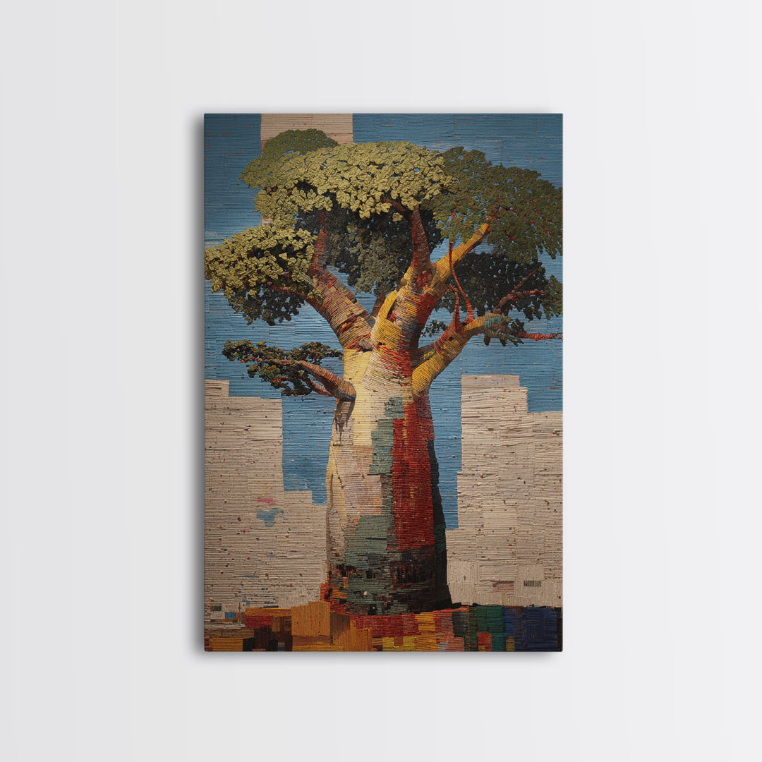 Textured Baobab Tree Mosaic Wall Art, African Landscape, Modern African Art Print, Earth Tone Living Room Decor Gift For Home