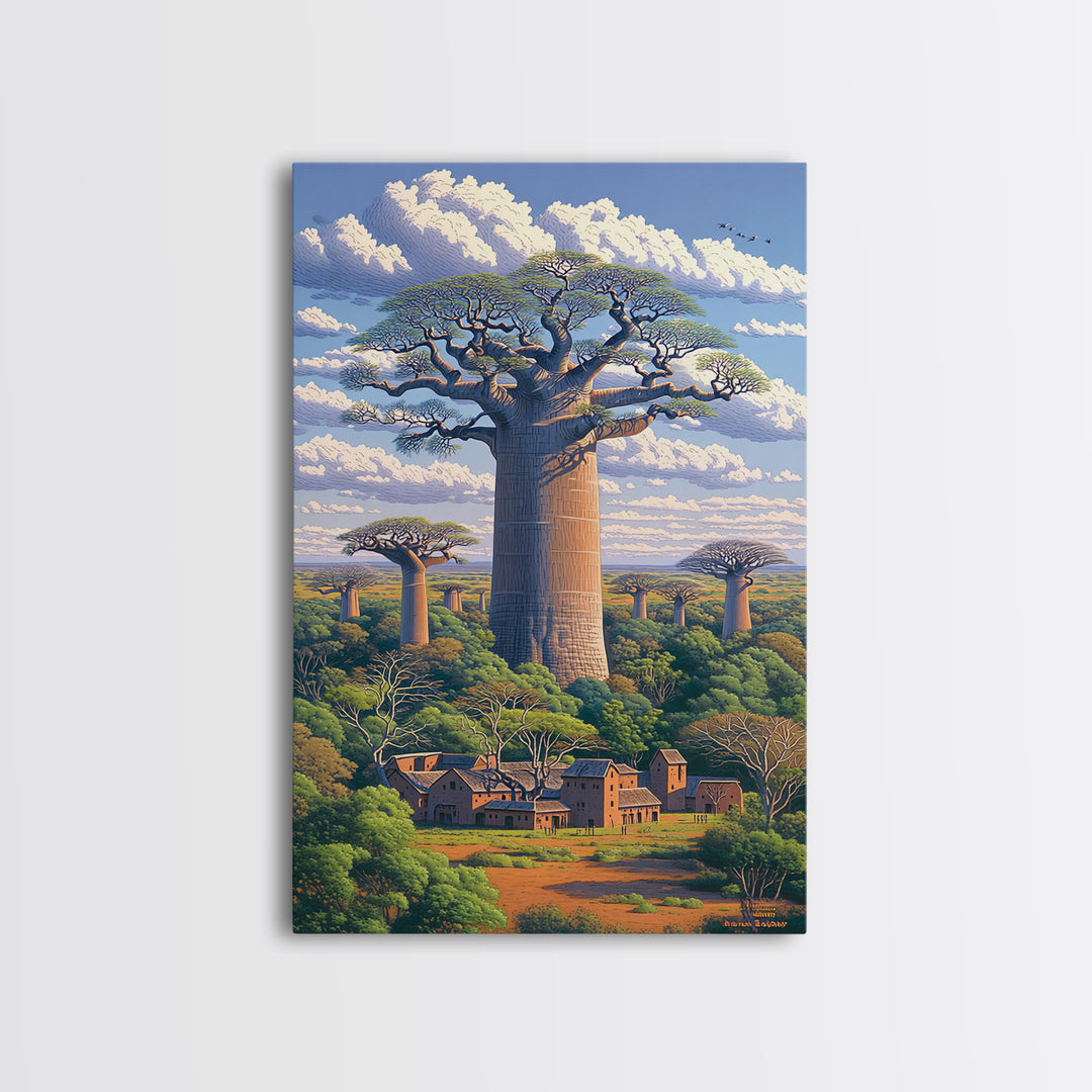 Village Beneath Giant Baobab Wall Art, African Landscape, Madagascar Print, African Home Decor, Large Living Room Art Gift