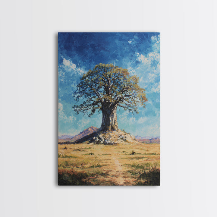 Lone Baobab Desert Path Framed Canvas Print, African Landscape, Blue Sky Painting, Nature Wall Decor, Unique Housewarming Gift