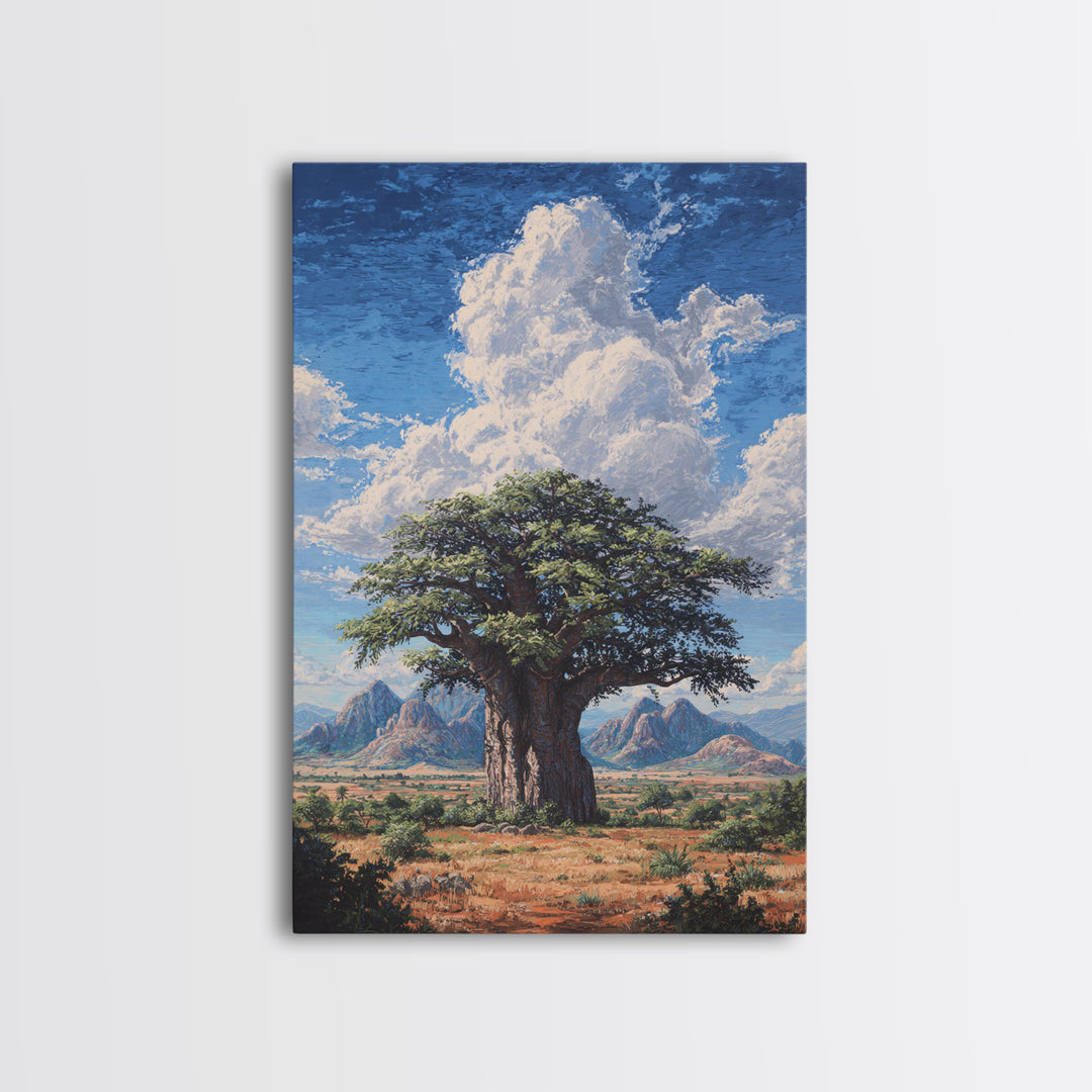 Ancient Baobab Under Towering Clouds Wall Art, African Safari Art, Desert Landscape Painting, Nature Scene Home Decor Gift