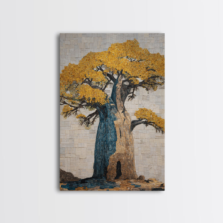 Blue And Gold Baobab Mosaic Framed Canvas Print, African Art Decor, Bold Artwork, Cultural Wall Decor, Statement Piece For Living Room