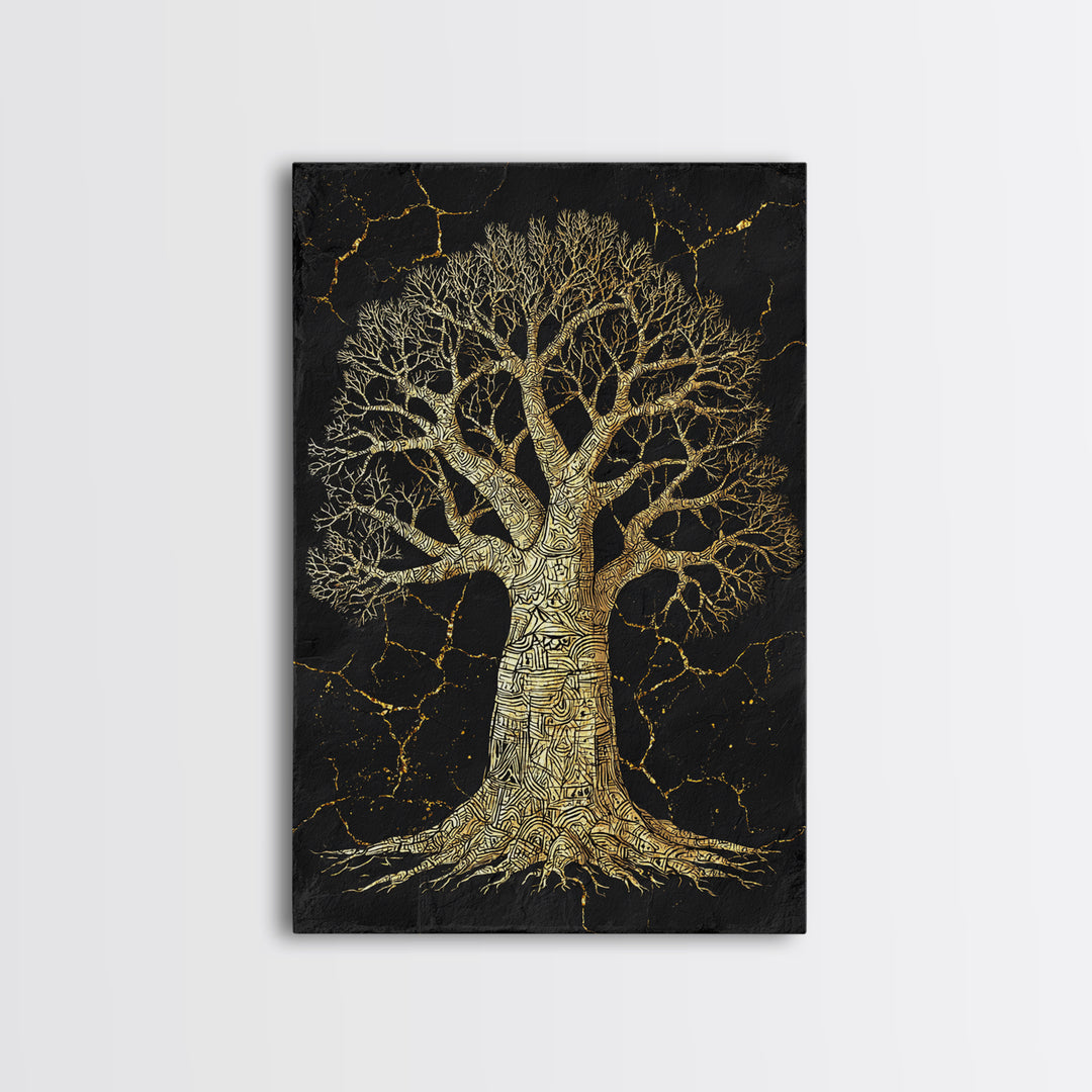 Golden Baobab Tree On Black Stone Wall Art, African Tree Print, Earth Tone Decor, Spiritual Nature Canvas For Living Room