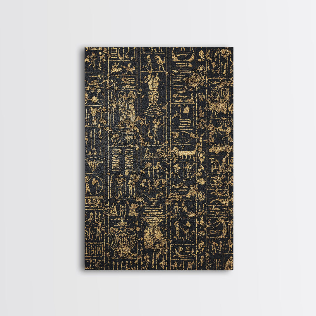 Gold Egyptian Hieroglyph Panels Wall Art, Ancient African Art Print, Black And Gold Canvas, Museum Style Home Decor Gift