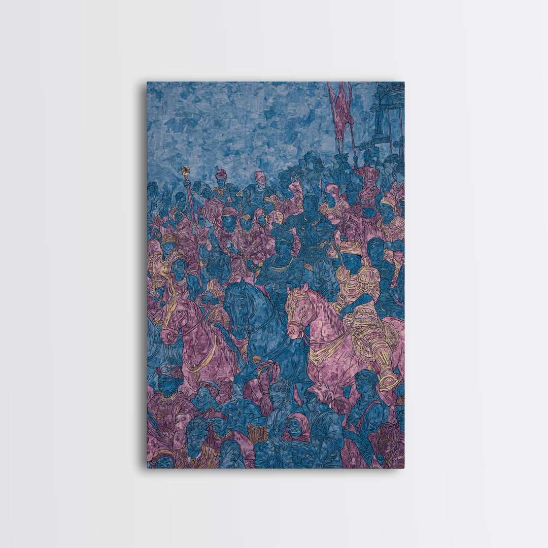 Purple Blue African Cavalry Battle Canvas Print, Warrior Procession Art, Historic Tribal Scene, Bold Statement Wall Decor
