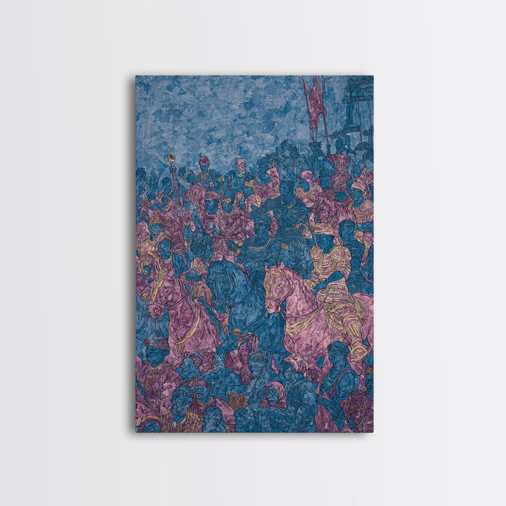 Purple Blue African Cavalry Battle Canvas Print, Warrior Procession Art, Historic Tribal Scene, Bold Statement Wall Decor