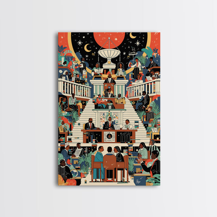 Afrofuturist Civic Assembly Wall Art, Black Culture Illustration, Modern African Decor, Colorful Statement Canvas Print Gift