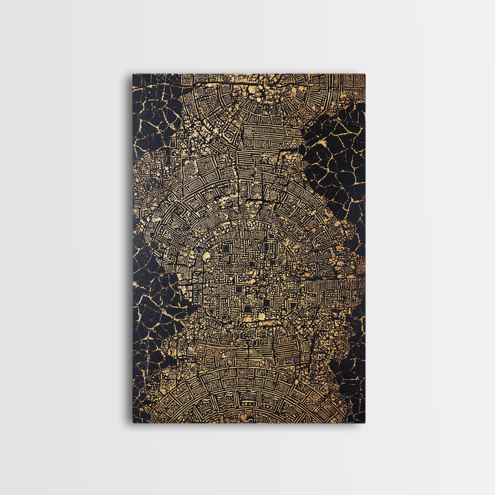 Gold Abstract African City Map Canvas Print, Geometric Tribal Pattern, Black And Gold Wall Art, Modern Office Decor Gift