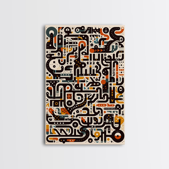 Ivory Black Orange Labyrinth Glyph Wall Art, Modern African Art Abstract, Boho Tribal Decor, Geometric Canvas Print For Home Decor