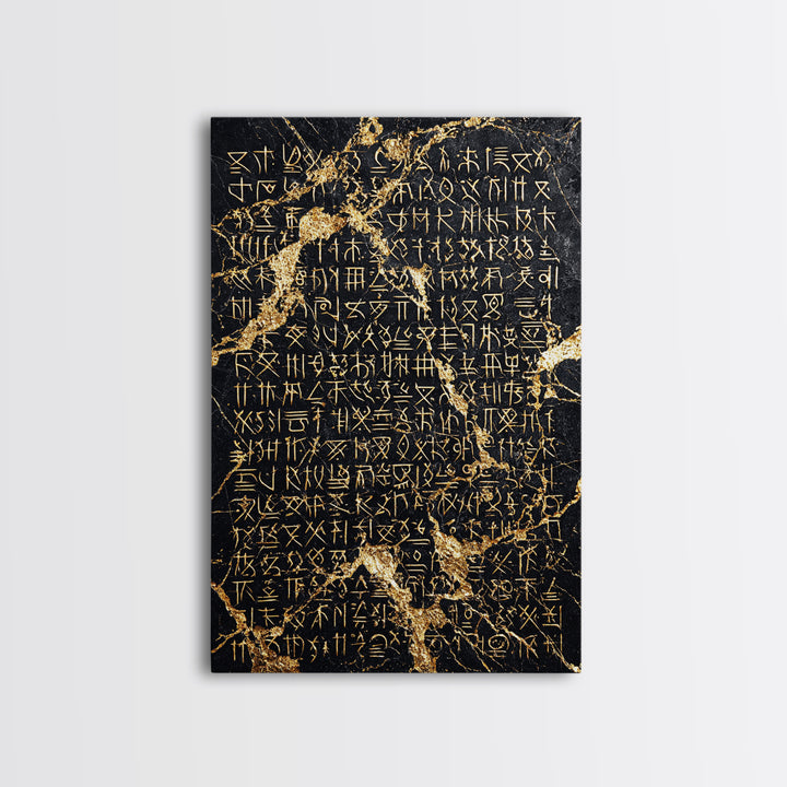 Black Marble Gold Script Wall Art, Ancient African Inspired Symbols, Luxury Abstract Canvas Print, Spiritual Home Decor Gift
