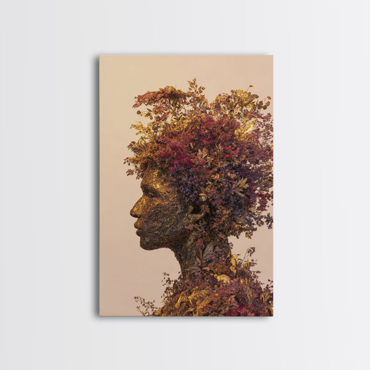 Botanical African Woman Portrait Wall Art, Afrocentric Floral Black Beauty Art, Earth Tone Living Room Decor, Housewarming Gift